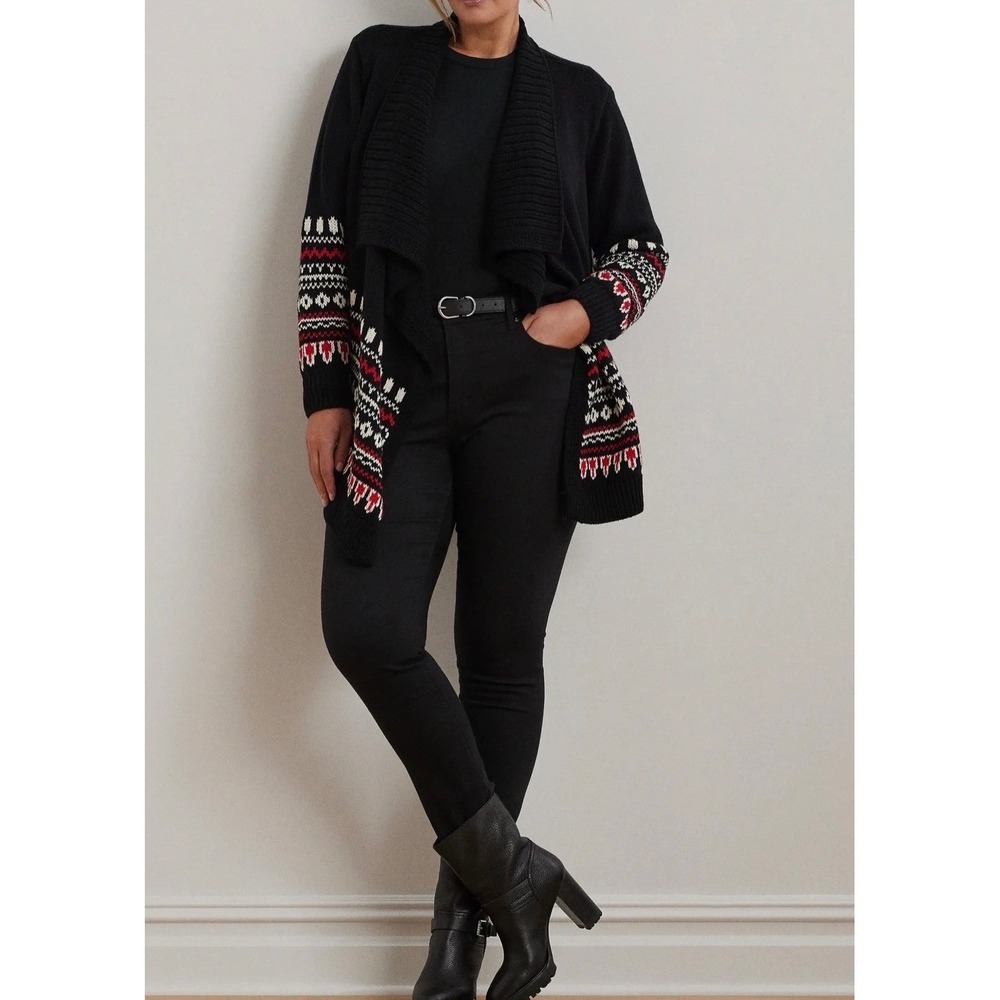 Lauren Ralph Lauren Womens 2X Fair Isle Cotton Cardigan Sweater Black Red Nordic